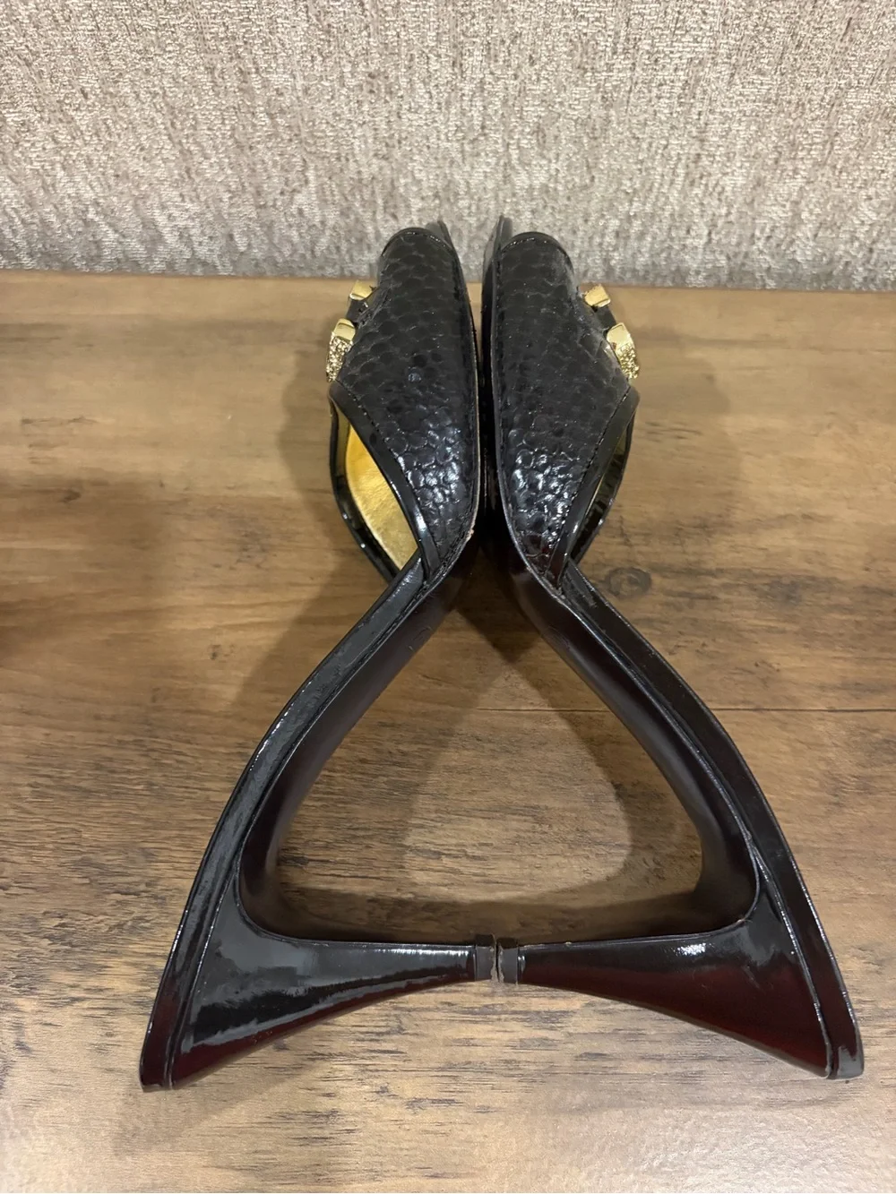 Coach Black Leather Open-Toe Mules with Gold Chain Detail